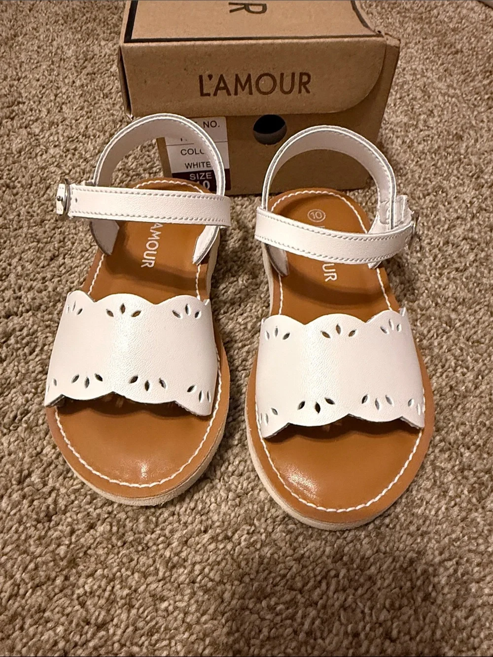 L'Amour White Scalloped Cutout Ankle-Strap Sandals